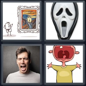 4 Pics 1 Word Answer 6 letters for Munch painting in museum, mask from horror movie, man yelling, cartoon of baby crying