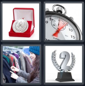 4 Pics 1 Word Answer 6 letters for silver medal in red case, stopwatch timer with red hand, woman shopping at thrift store, trophy with number 2