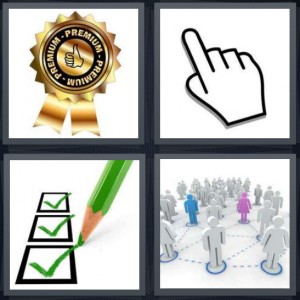 4 Pics 1 Word Answer 6 letters for gold medal award, pointer of computer mouse, checkbox with green marks, group of people