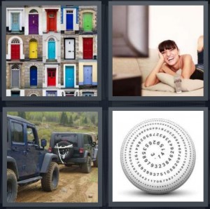 4 Pics 1 Word Answer 6 letters for poster of painted colored doors, woman watching television, antique cars on dirt roads, numbers on white background swirl