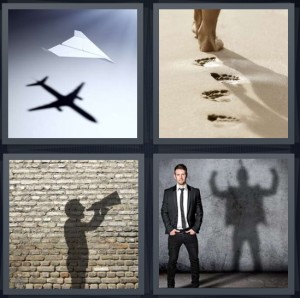 4 Pics 1 Word Answer 6 letters for paper airplane with real plane, footprints on sunny beach, man with megaphone, man with anger inside