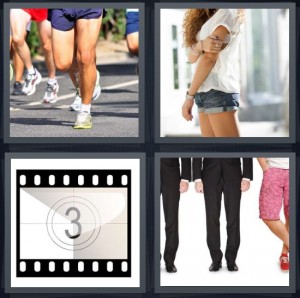 4 Pics 1 Word Answer 6 letters for runners on pavement in marathon, woman in cutoff jeans, beginning of film reel, men wearing pants and pink