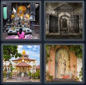 4 Pics 1 Word Answer 6 letters for woman worshipping Hindu, ancient religious vault or cemetery, temple with gold elephants, saint icon painted on alcove