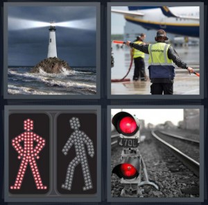 4 Pics 1 Word answers, 4 Pics 1 Word cheats, 4 Pics 1 Word 6 letters lighthouse with light on water, air traffic controller at airport, traffic walk signal light, red light at train tracks