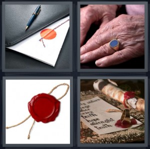 4 Pics 1 Word Answer 6 letters for stamp on envelope in portfolio, woman wearing blue ring, wax seal for letter, scroll with ring and seal