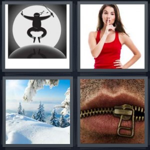 4 Pics 1 Word Answer 6 letters for cartoon of bandit jumping karate, woman making shh sound for secret, winter landscape with snow, man with mouth zipped shut