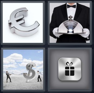 4 Pics 1 Word Answer 6 letters for euro in platinum icon, butler with tray of food, money dollar sign in grey background, shiny icon of package or gift