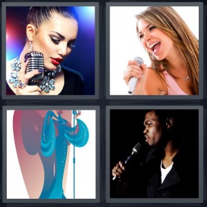 4 Pics 1 Word Answer 6 letters for woman holding microphone on stage to sing, woman crooning, cartoon of diva on stage, man performer on stage
