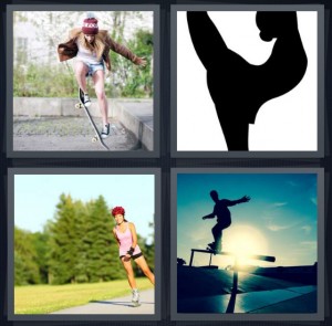 4 Pics 1 Word Answer 6 letters for woman on skateboard doing ollie, figure ice Olympics, rollerblading on pathway with trees, man doing tricks on rail