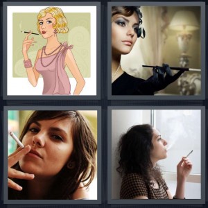 4 Pics 1 Word Answer 6 letters for cartoon flapper in pink dress, woman puffing with cigarette holder, woman smoking cigarette, woman exhaling smoke