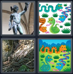 4 Pics 1 Word Answer 6 letters for statue holding reptile, cartoon reptiles like salamanders, serpents in pit, cobras with long tongues