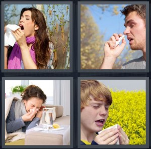 4 Pics 1 Word Answer 6 letters for woman making achoo sound outside, man with allergies using nasal spray, sick woman, boy about to blow nose outside