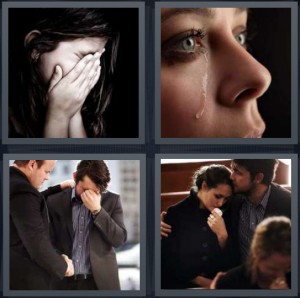 4 Pics 1 Word Answer 6 letters for woman upset with hands over face, woman with one tear on cheek, man crying being consoled, couple at funeral