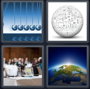 4 Pics 1 Word Answer 6 letters for magnet balls painting with earth, globe with mathematical equations, panel at place like UN, Earth curved with sun