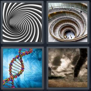 4 Pics 1 Word Answer 6 letters for psychedelic black and white swirl, staircase in circle, DNA double helix with blue background, tornado twister with wind and debris