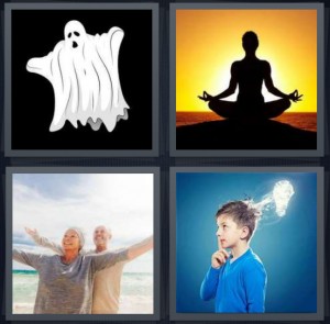 4 Pics 1 Word Answer 6 letters for white cartoon ghost on black background, woman meditating with sunset, elderly couple rejoicing on beach, young boy with idea