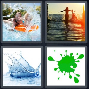 4 Pics 1 Word Answer 6 letters for water park water waves, people swimming in ocean with sunrise, drop of water in pool, green slime splat