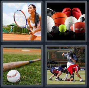 4 Pics 1 Word Answer 6 letters for woman playing tennis with racket, lots of balls for different sports, baseball bat and ball, men wrestling rugby with umpire or referee
