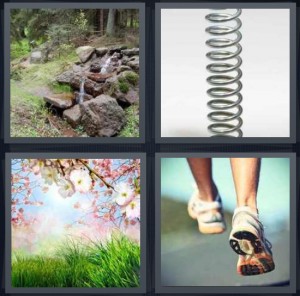 4 Pics 1 Word Answer 6 letters for stream or small brook water source in woods, metal coil like for notebook, pink cherry blossoms on tree in field, runners feet in sneakers