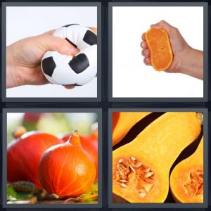 4 Pics 1 Word Answer 6 letters for squeezing soccer ball flat, squeezing orange to make juice, round orange fall vegetable, butternut root vegetable for soup