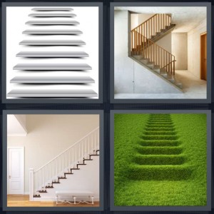4 Pics 1 Word Answer 6 letters for white floating steps, railing leading to second floor of home, staircase in home, steps in grass hedge