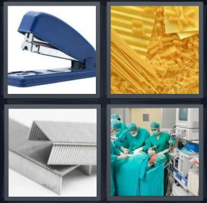 4 Pics 1 Word Answer 6 letters for blue stapler for desk office, different kinds of raw uncooked pasta, metal pieces for attaching papers, doctors in operation room performing surgery