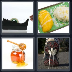 4 Pics 1 Word Answer 6 letters for scotch tape on roller for office, mango with rice on green plate, honey with jar, sneaker with gum on bottom