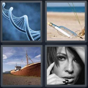 4 Pics 1 Word Answer 6 letters for DNA helix under microscope, message in a bottle on the sand, shipwreck on beach, model with hair in face