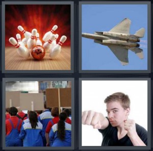 4 Pics 1 Word Answer 6 letters for bowling pins knocked down, fighter jet in blue sky, crowd gathered for protest with picket signs, man punching