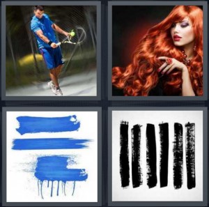 4 Pics 1 Word Answer 6 letters for man playing tennis hitting ball, redhead model touching hair, blue paint on canvas, black stripes of paint