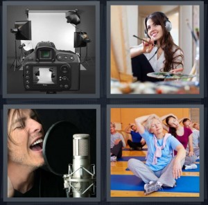 4 Pics 1 Word Answer 6 letters for camera with large white screen, woman painting canvas with brush, man singing into microphone recording, people doing yoga in class