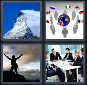 4 Pics 1 Word Answer 6 letters for mountain peak covered in snow, international conference, woman at top of mountain, business meeting in board room