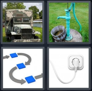 4 Pics 1 Word Answer 6 letters for army vehicle for moving things, pump well in yard, pathway for circuit, electrical outlet with cord