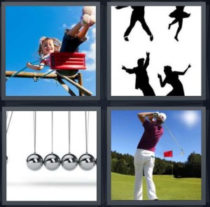 4 Pics 1 Word Answer 5 letters for girl on ride plastic red seat, silhouettes of people dancing to big band music, silver balls swinging as weights, man playing golf