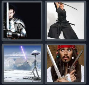 4 Pics 1 Word Answer 5 letters for knight in shining armor, black ninja fencing, light saber in Star Wars space world, Jack Sparrow from Pirates of the Caribbean