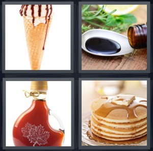 4 Pics 1 Word Answer 5 letters for ice cream cone with chocolate sauce, bowl of soy sauce for dipping, bottle of maple liquid, pancakes with liquid and butter