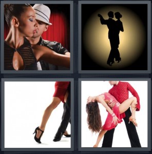4 Pics 1 Word Answer 5 letters for sexy couple man hat, couple silhouettes dancing on yellow background, leg extended while dancing, salsa dip couple dressed in red