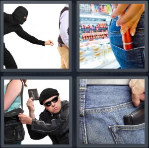 4 Pics 1 Word Answer 5 letters for robber with mask taking from man, woman stealing makeup at store, man wearing black taking wallet from pocket, thief pickpocket taking wallet
