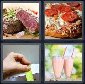 4 Pics 1 Word Answer 5 letters for steak with red center and rosemary, pepperoni pizza with cheese, green and silver rulers, strawberry milkshakes with straws