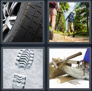 4 Pics 1 Word Answer 5 letters for tire with silver rim, hikers in woods walking in sun, footprint in pavement, work boot and carpentry tools