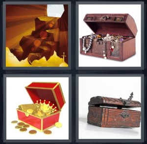4 Pics 1 Word Answer 5 letters for cave of wonders with gold below, chest with pirate spoils, gold spilling from cartoon trunk, treasure chest or trunk with antique latch