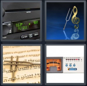 4 Pics 1 Word Answer 5 letters for radio in car with electronic green letters, tuning fork and double clef sign, sheet music, dial for changing radio stations
