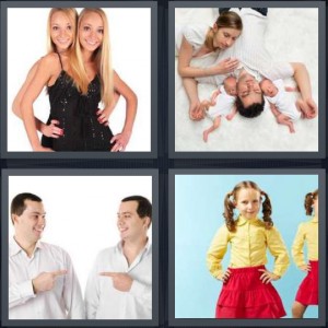 4 Pics 1 Word Answer 5 letters for girls in matching black leotards dance, family with two babies sleeping on carpet, two men look the same, girls wearing matching yellow and red outfits