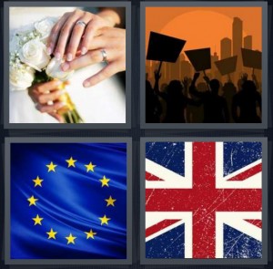 4 Pics 1 Word Answer 5 letters for hands of people getting married with flowers, picket line protest cartoon, EU flag blue with stars, British Jack flag red white and blue