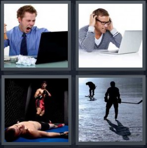 4 Pics 1 Word Answer 5 letters for angry man yelling at computer, frustrated man looking at laptop, boxing match man knocked down, hockey player on ice holding stick