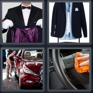 4 Pics 1 Word answers, 4 Pics 1 Word cheats, 4 Pics 1 Word 5 letters butler with coat open purple silk lining, suit on stand with blue shirt and black jacket, parking attendant red sports car, person cleaning steering wheel of car