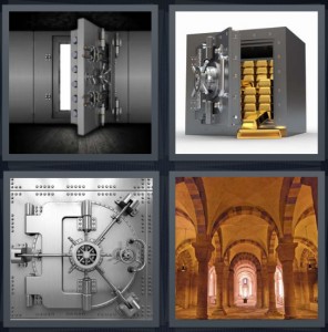 4 Pics 1 Word Answer 5 letters for safe with large door in bank, gold bars in safe open, lock door with wheel turn, arches large room