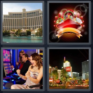 4 Pics 1 Word Answer 5 letters for large casino with fountain in front, symbols for gambling, woman winning at slot machines, city with large shiny buildings