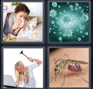 4 Pics 1 Word Answer 5 letters for woman sick in bed with cold, close up microscope of green bacteria, woman hitting laptop with hammer frustrated, mosquito sucking blood