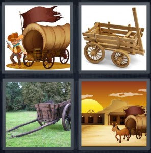 4 Pics 1 Word Answer 5 letters for pioneer from 1800s with covered transport, cart for pulling by horses, chariot in green yard, cartoon of Wild West with saloon